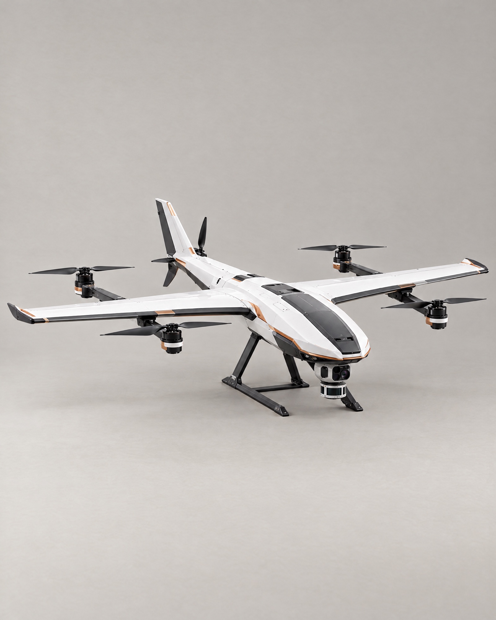 Meridian fixed-wing VTOL survey drone concept with mapping pod, studio photograph