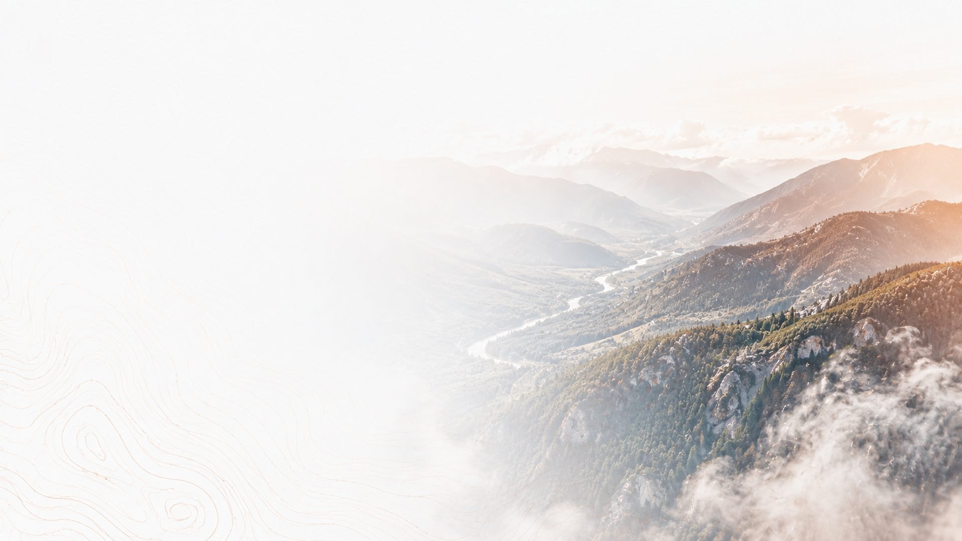 Illustration of forested mountain valleys emerging from mist with a river below