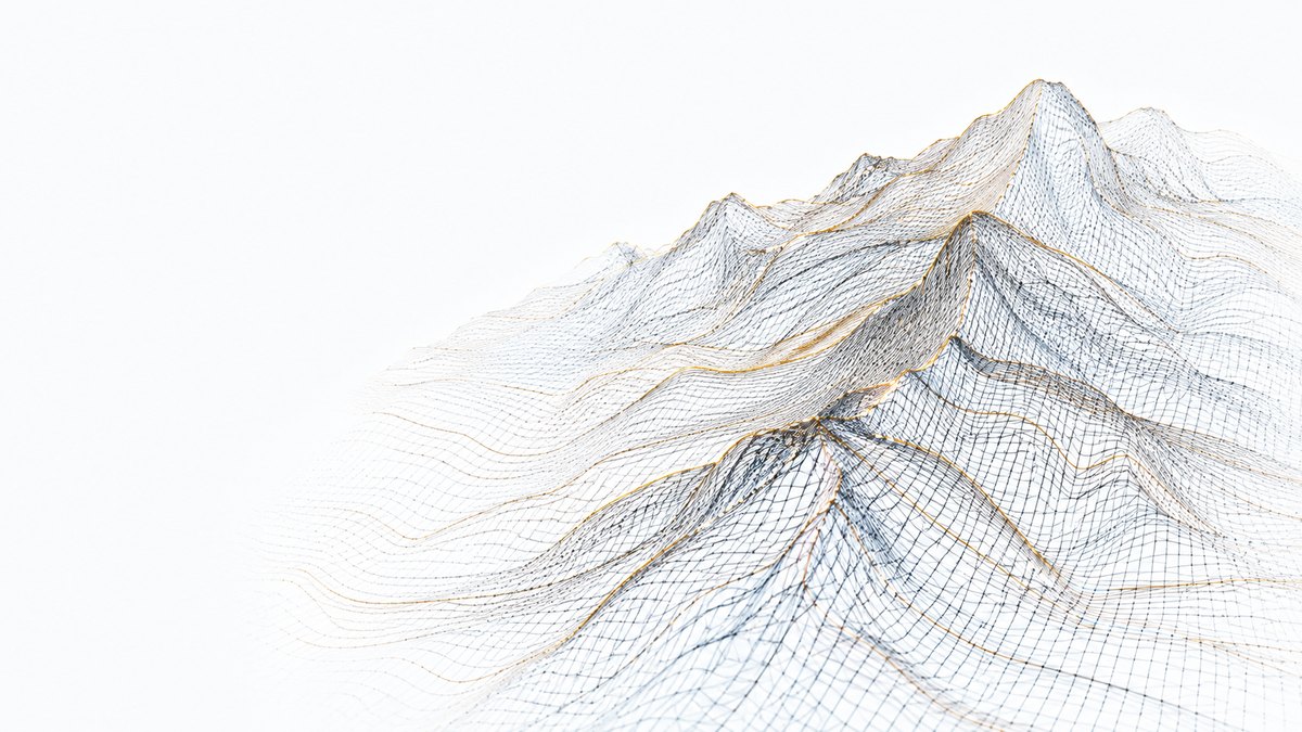 Wireframe terrain model of a mountain with geological data layers