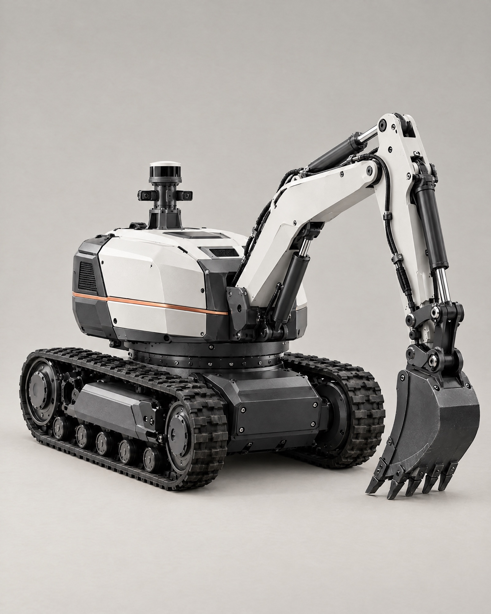 Aster autonomous excavator robot concept with articulated boom, bucket and lidar mast, studio photograph
