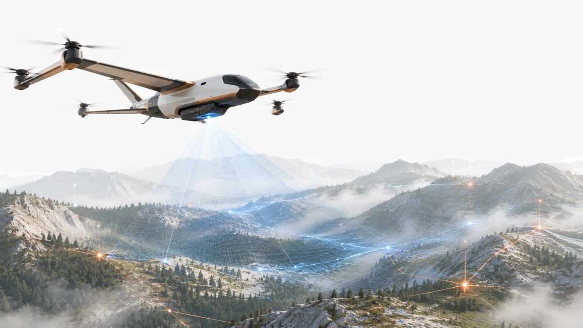 Illustration of an autonomous survey aircraft scanning a mountain valley