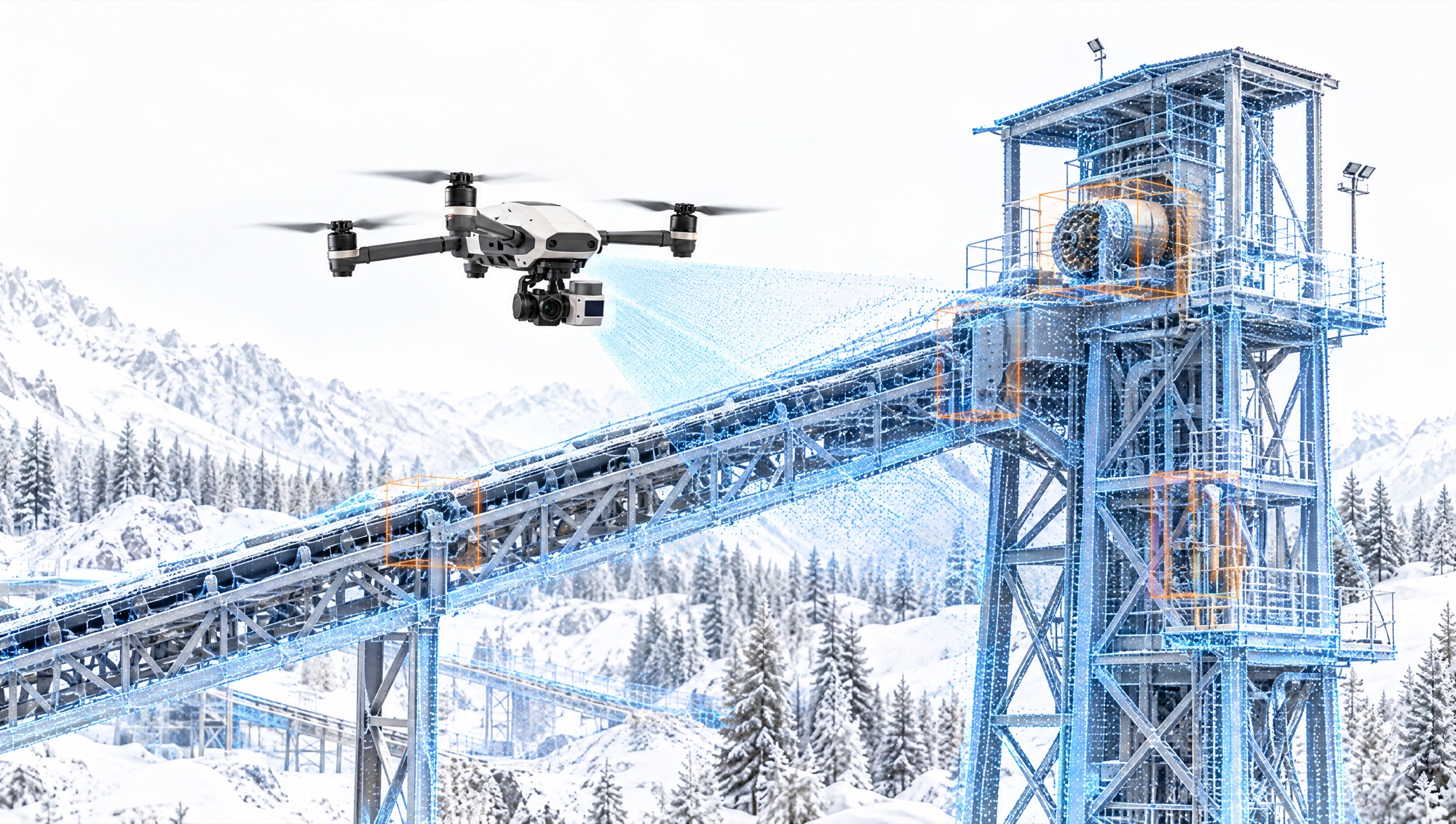 Illustration of the Cirrus drone inspecting a conveyor gantry and headframe with a scan cone