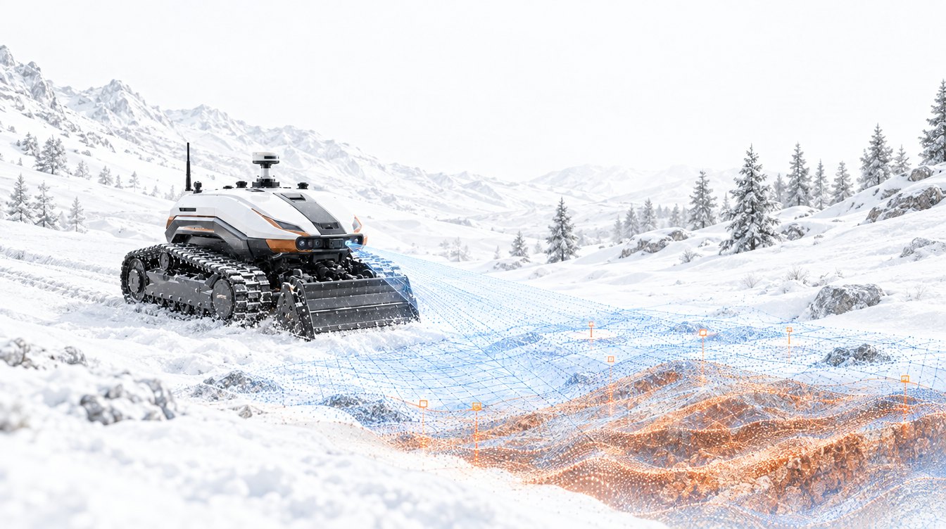 Illustration of the Nox tracked ground robot scanning subsurface layers beneath snowy ground