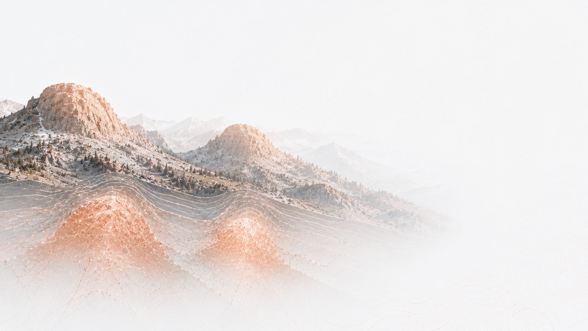 Illustration of layered mountain ridges in mist with copper and blue linework