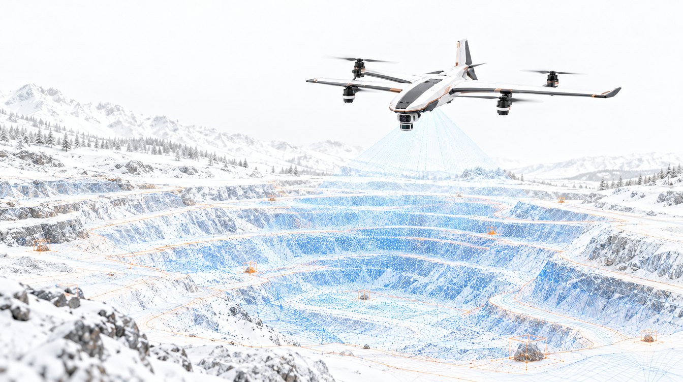 Illustration of the Meridian VTOL drone mapping a snowy open-pit mine