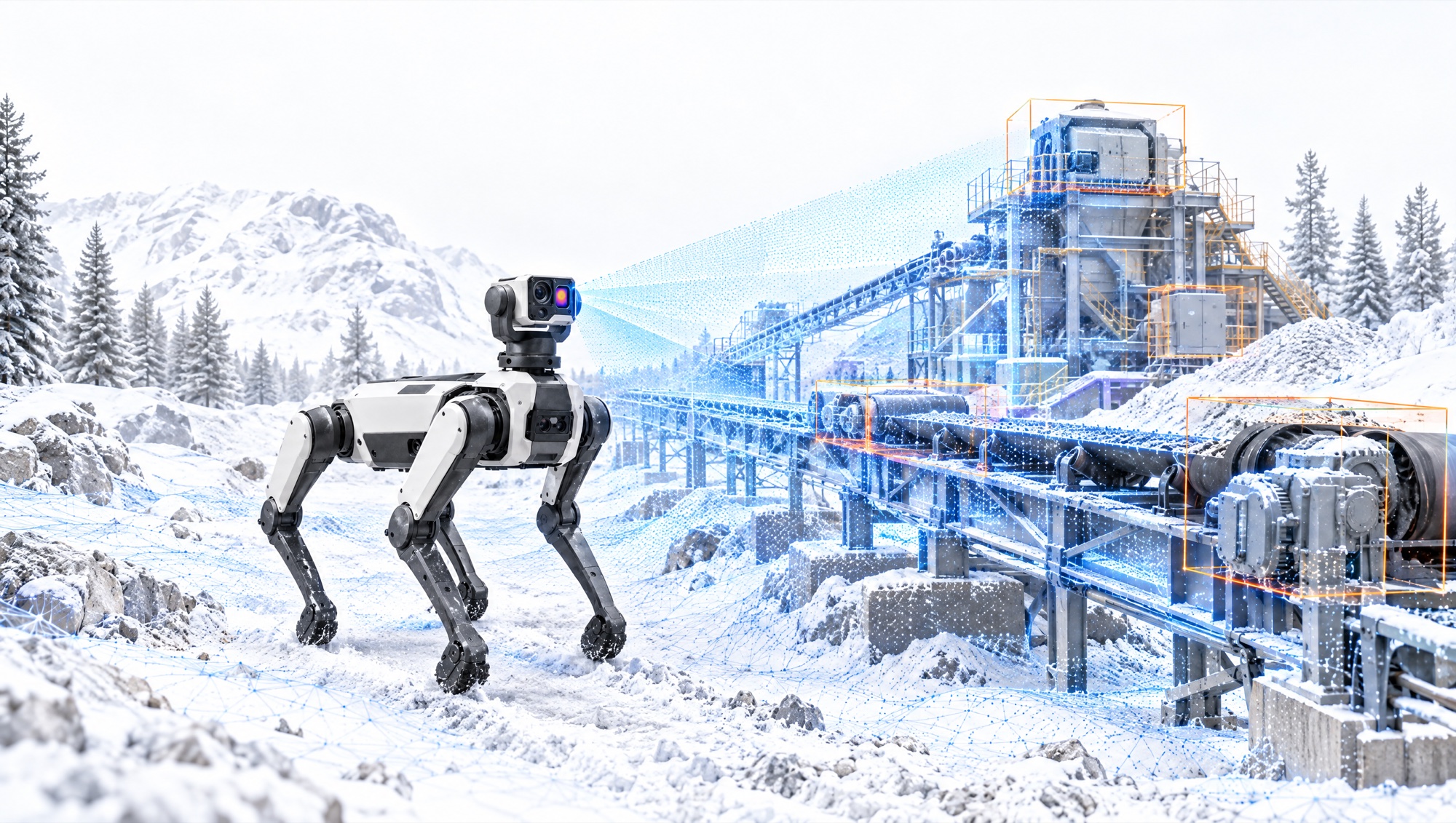 Illustration of the Vigil quadruped robot inspecting conveyor and processing equipment at a snowy mine site
