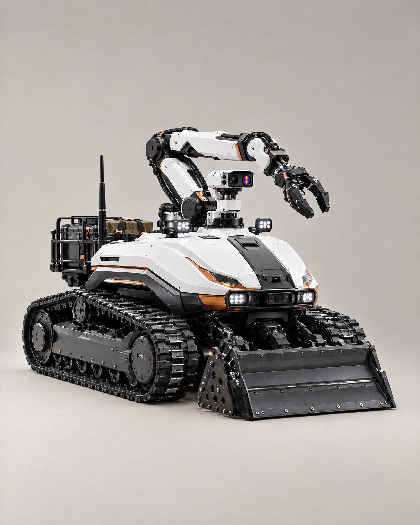Bastion tracked response robot concept with manipulator arm, camera head and cargo rack, studio photograph