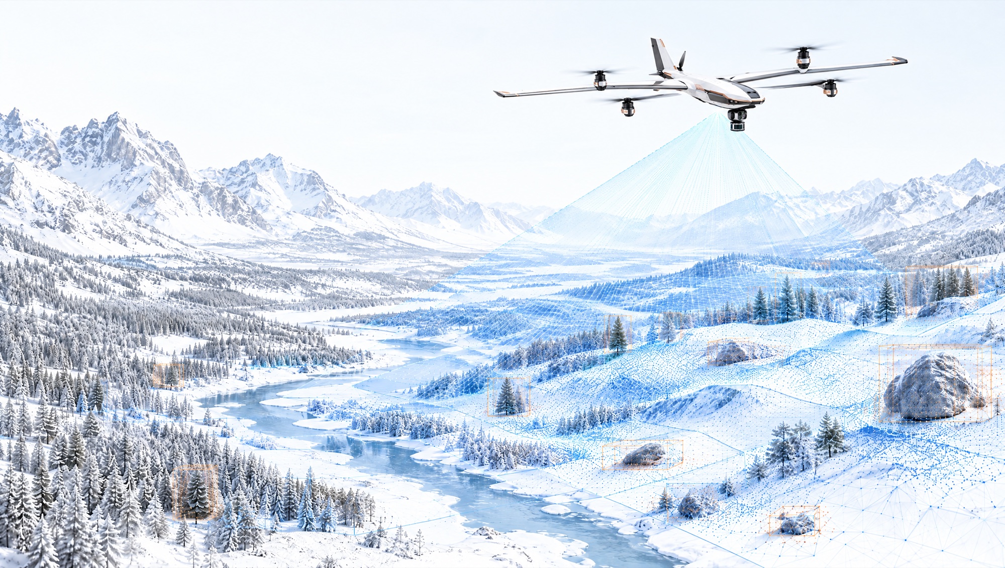 Illustration of a fixed-wing survey drone mapping a snowy river valley with a point-cloud grid