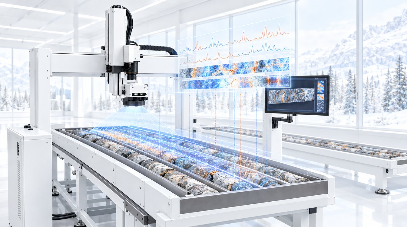 Illustration of the Prism gantry scanning trays of drill core in a bright core shed