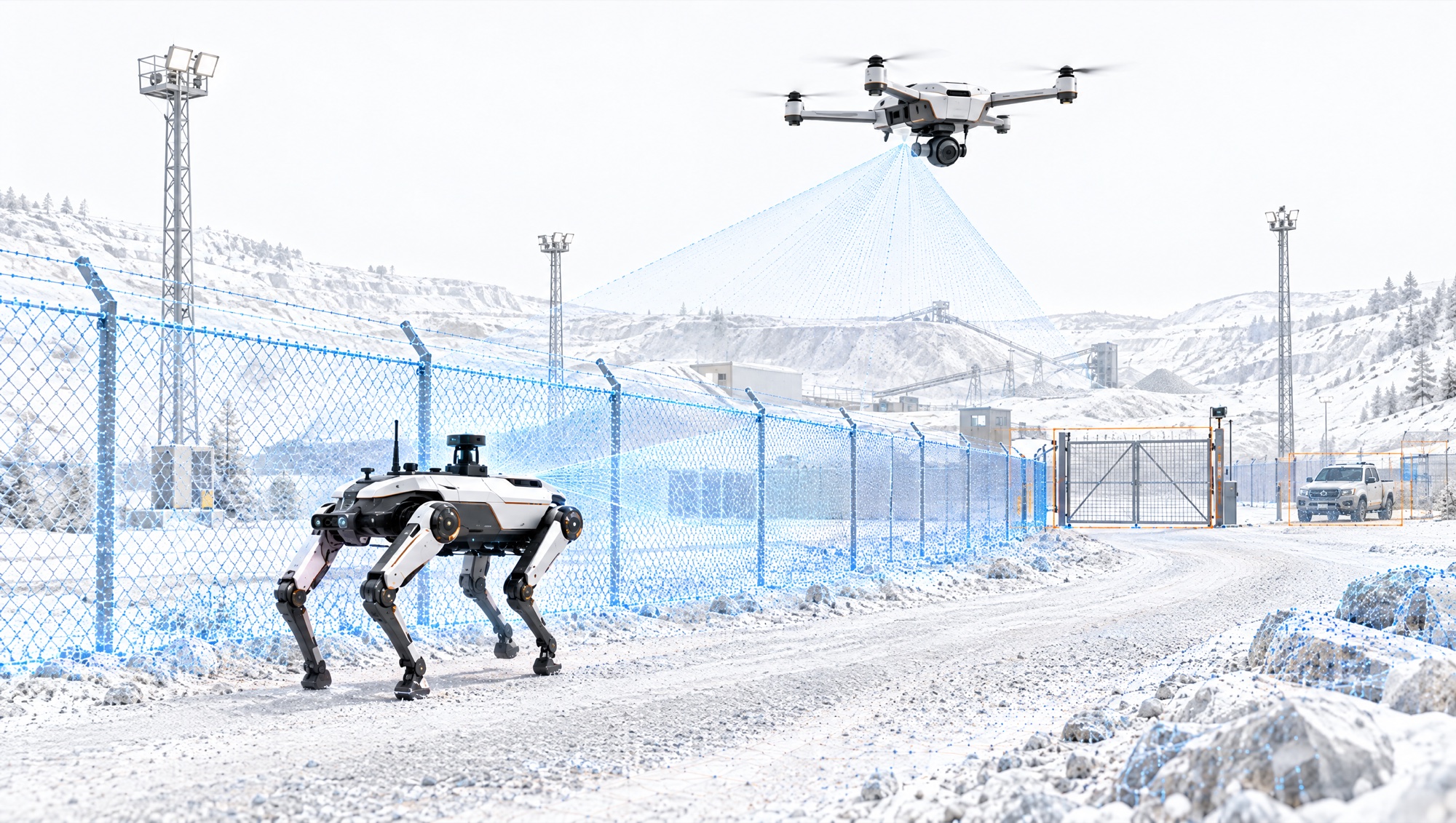 Illustration of a quadruped robot patrolling a mine-site fence line while a drone observes from above