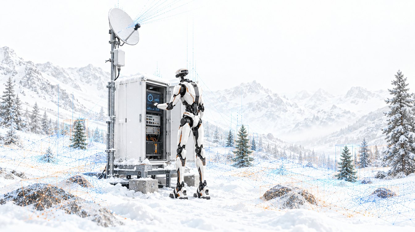 Illustration of the Soma humanoid robot servicing a remote monitoring station in deep snow