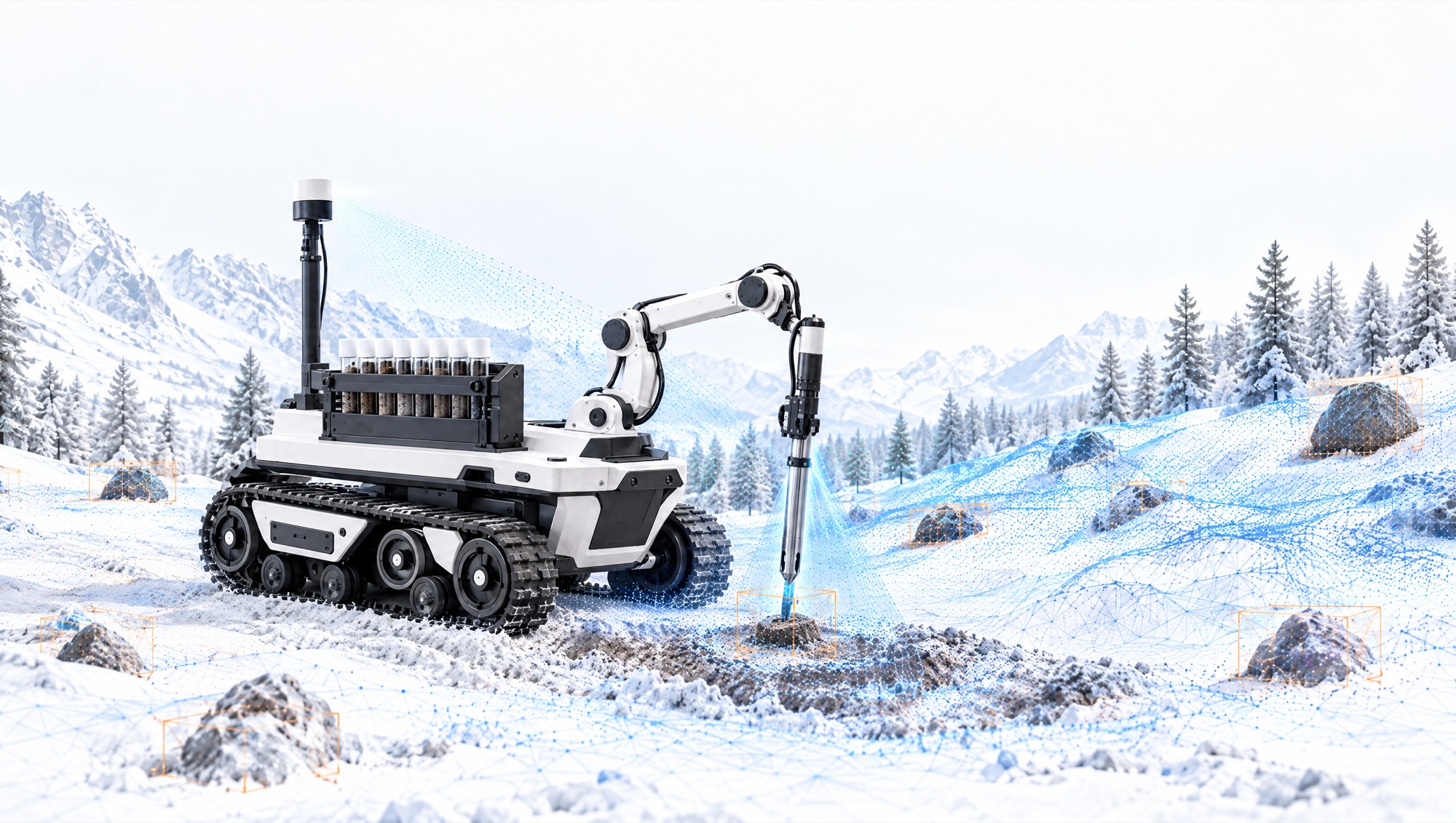 Illustration of the Stratum sampling robot collecting a soil sample while lidar maps snowy exploration terrain