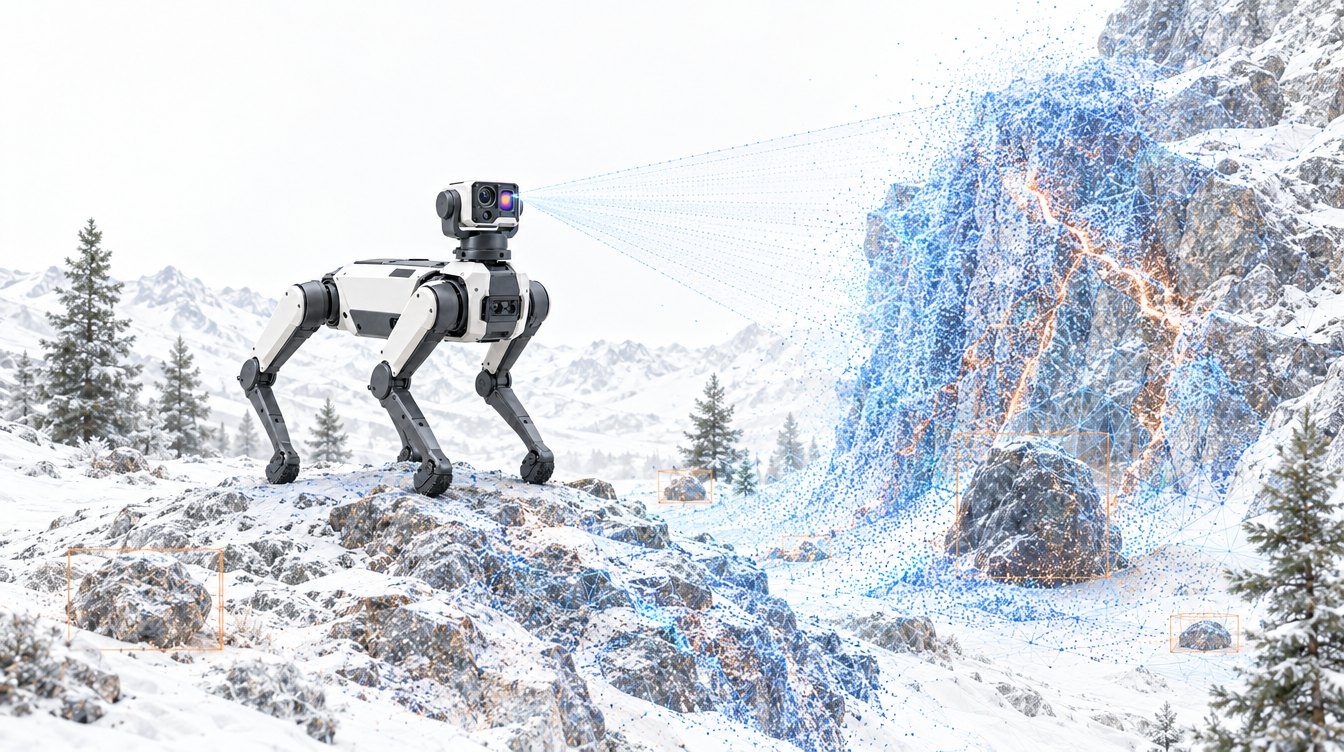Illustration of the Vigil four-legged robot scanning a fractured rock face into a point cloud