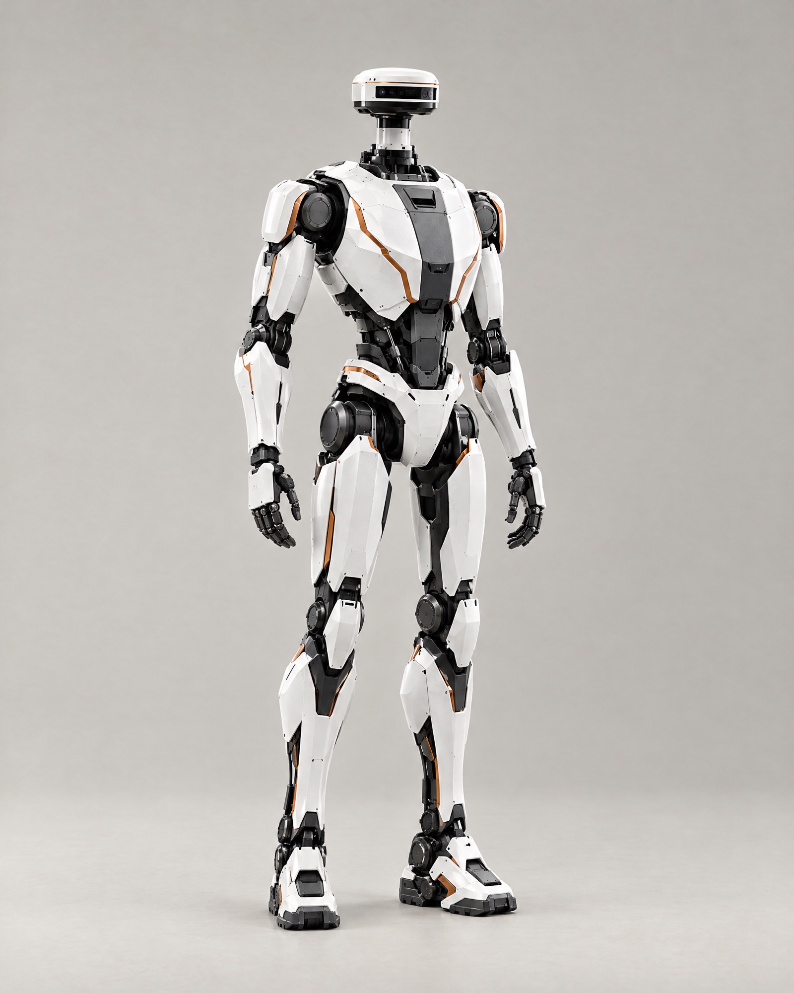 Soma humanoid robot concept with visor head and articulated hands, studio photograph