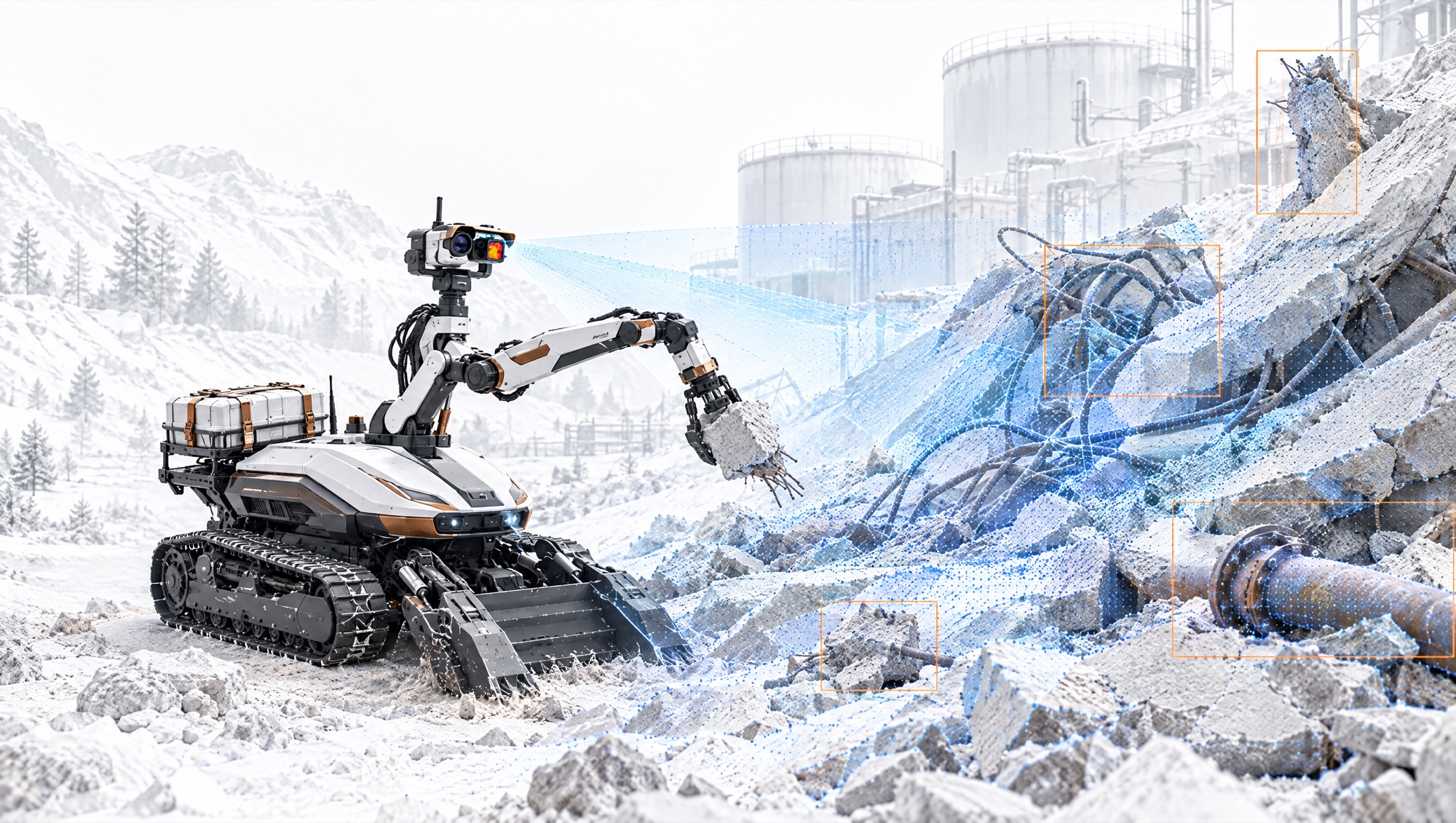 Illustration of a tracked response robot clearing debris and scanning a damaged industrial site