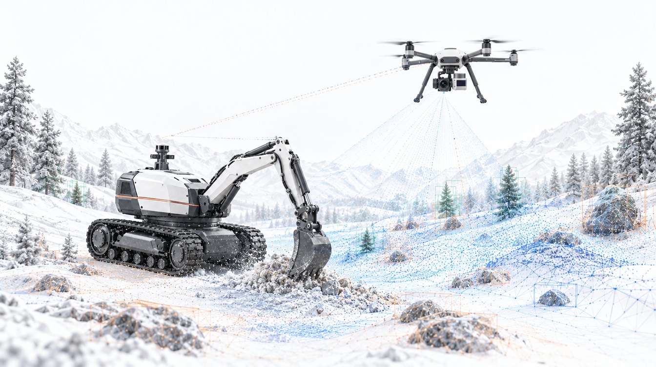 Illustration of the Aster excavator robot and the Cirrus drone working together on snowy terrain