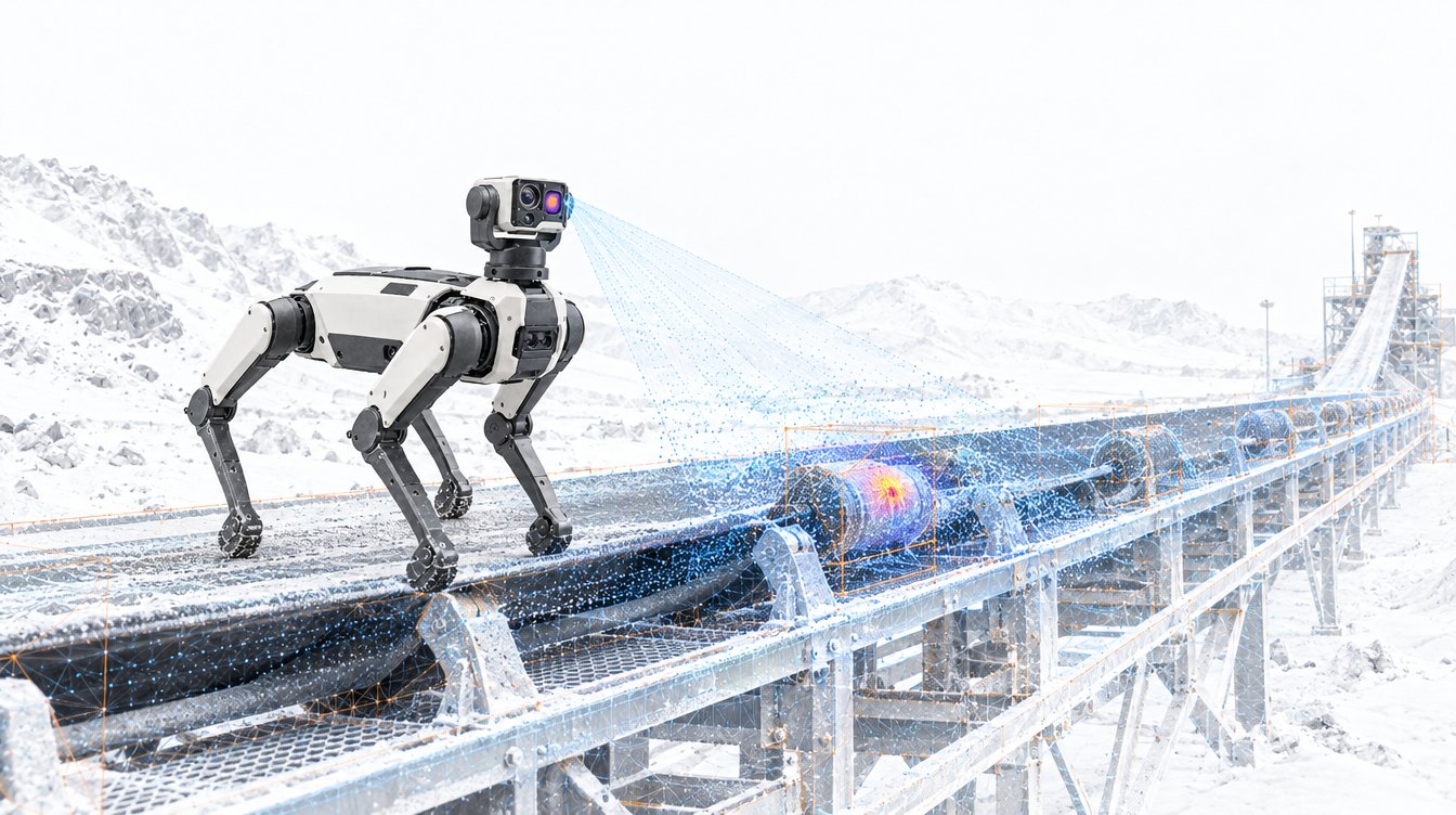 Illustration of the Vigil four-legged robot inspecting a mine conveyor and flagging a hot roller