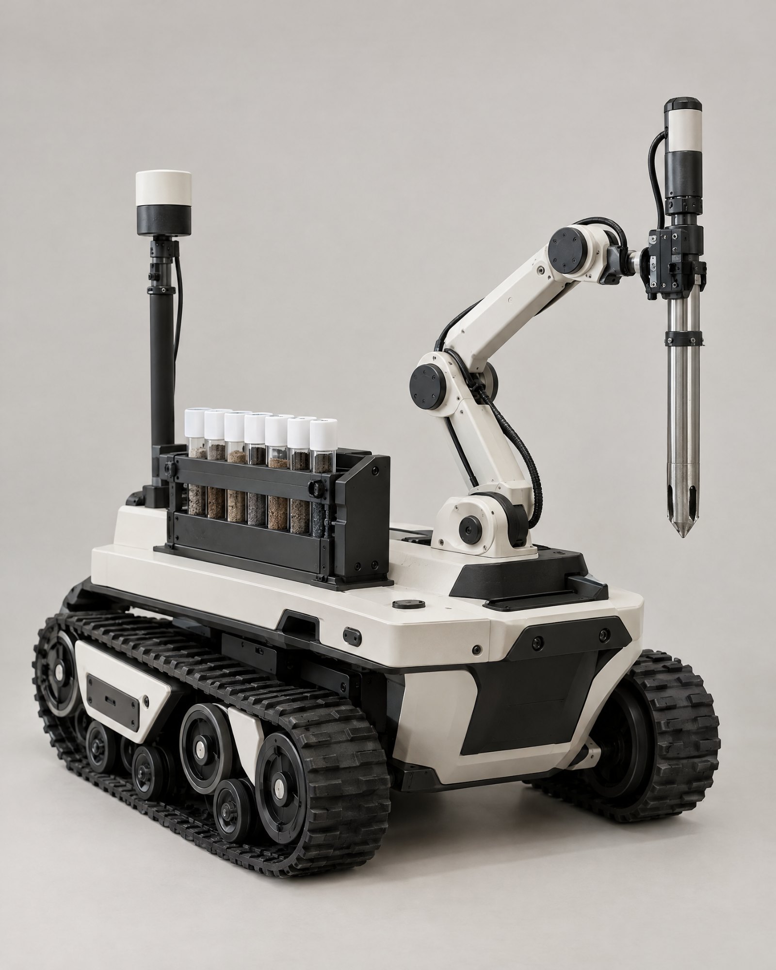 Stratum robotic sampling concept with articulated arm and sample tubes, studio photograph