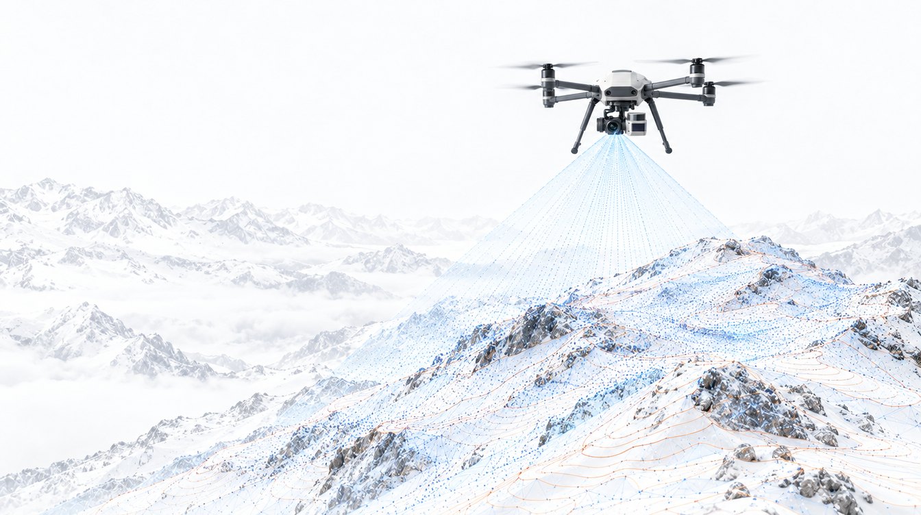 Illustration of the Cirrus survey quadcopter scanning a snowy mountain ridge with lidar