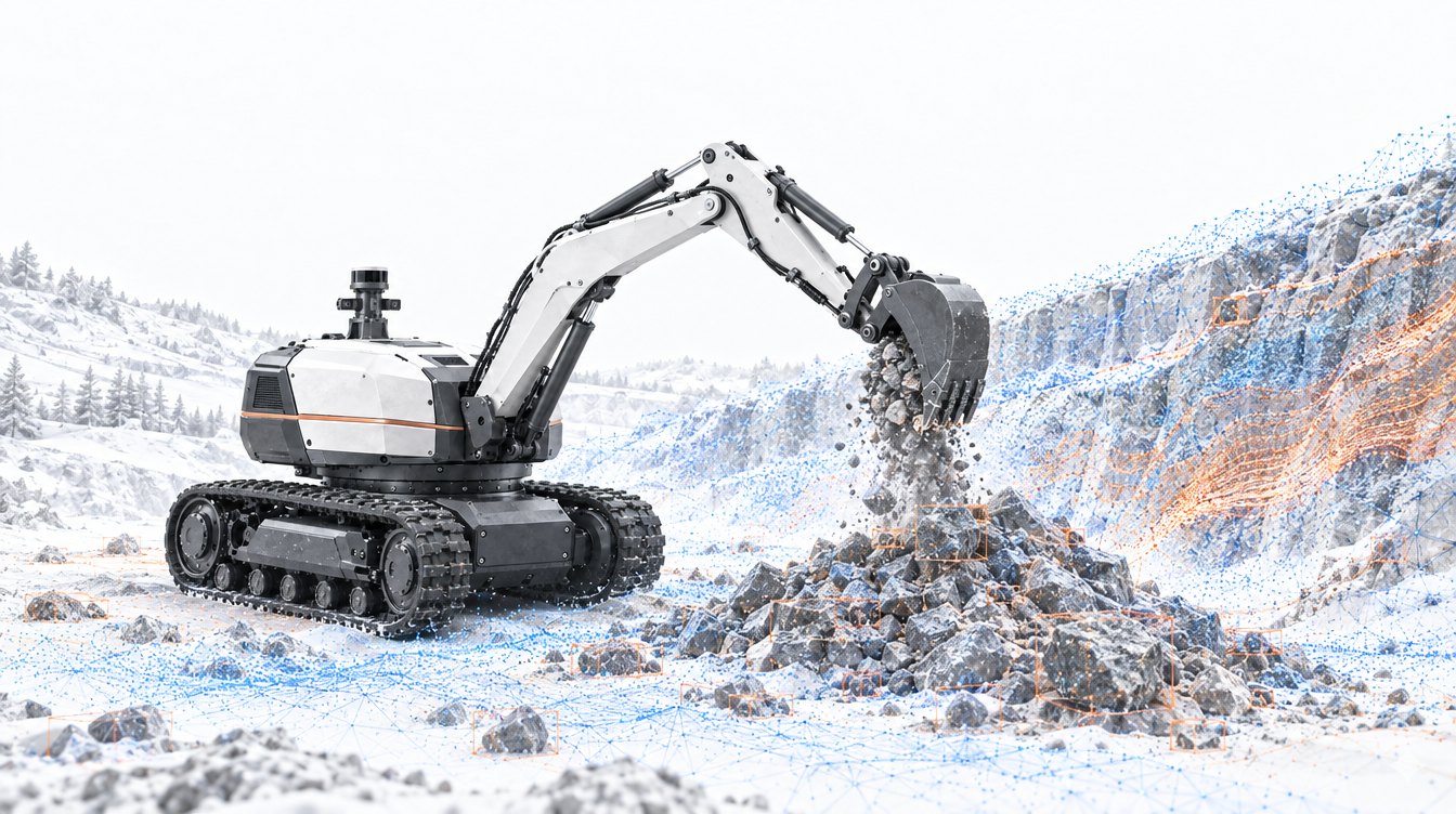 Illustration of the Aster excavator robot stockpiling broken rock at an open-pit bench