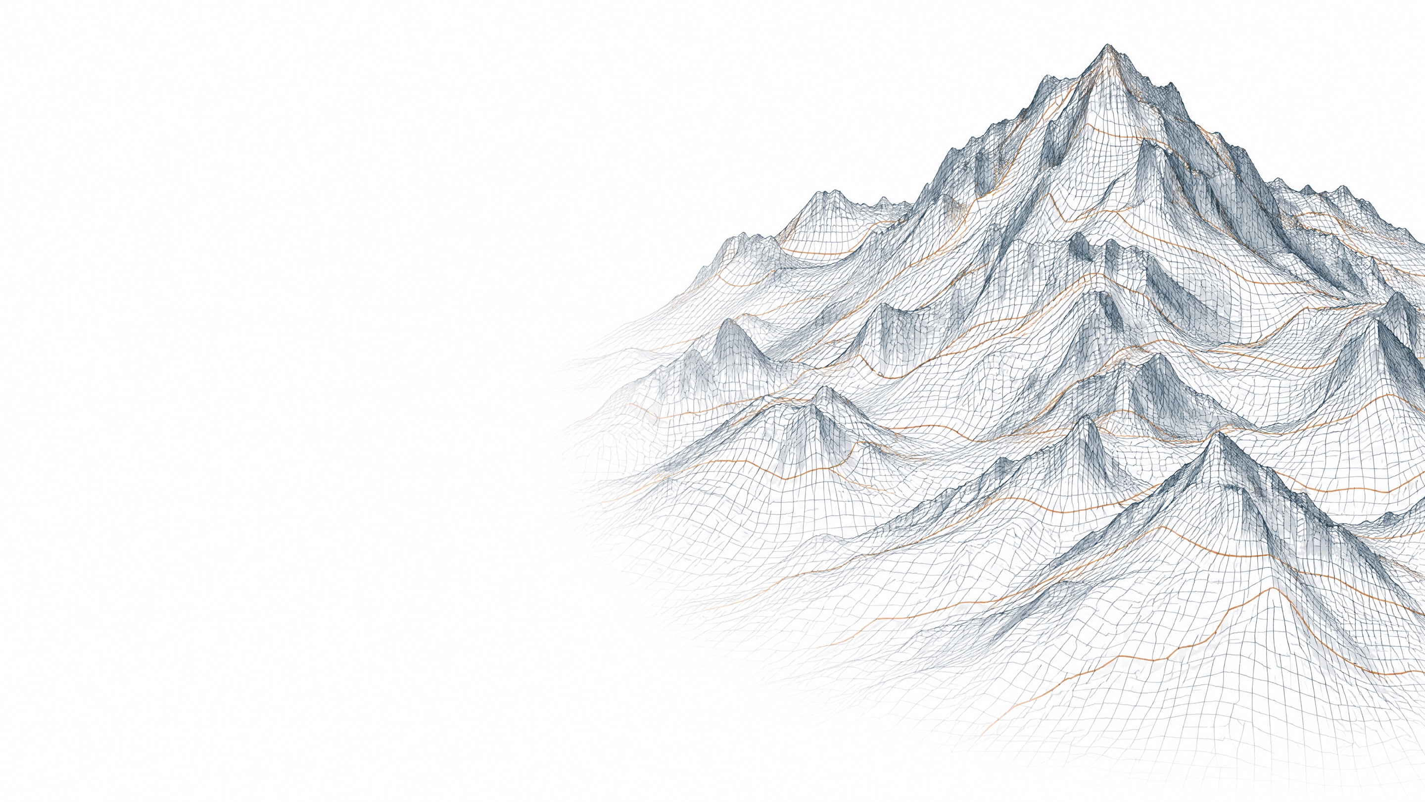 Wireframe terrain model of a mountain range with copper survey contour lines