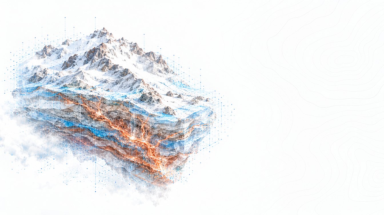 Illustration of a floating geological model of a mountain with a copper-bearing vein system