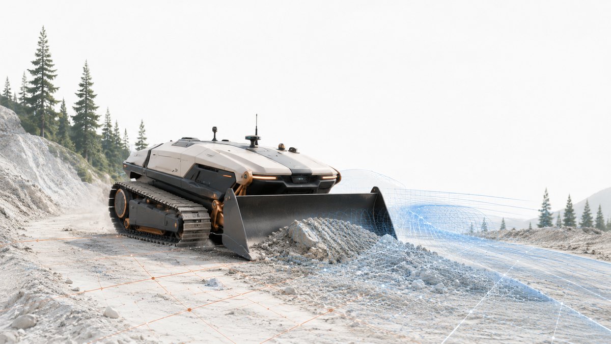 Illustration of a tracked autonomous ground unit working on a gravel road