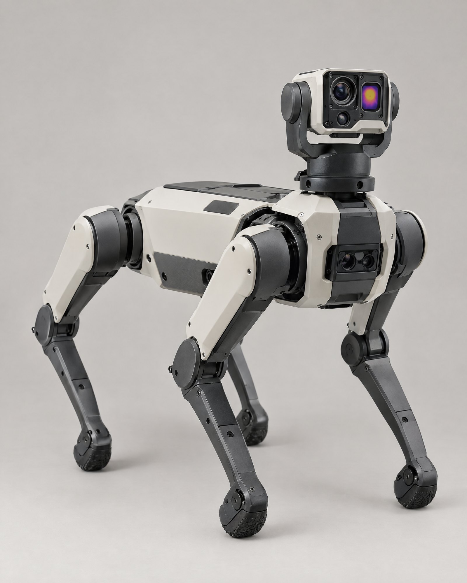 Vigil four-legged inspection robot concept with visual and thermal cameras, studio photograph