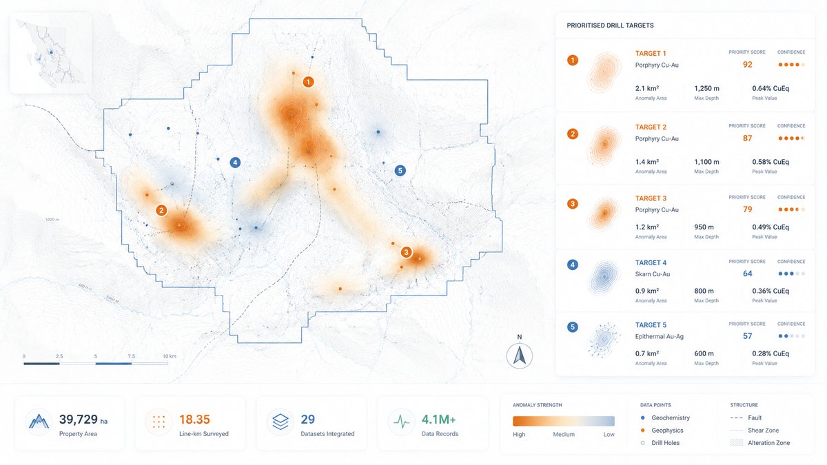 Illustrative MetalCore targeting view showing a property map with ranked target areas