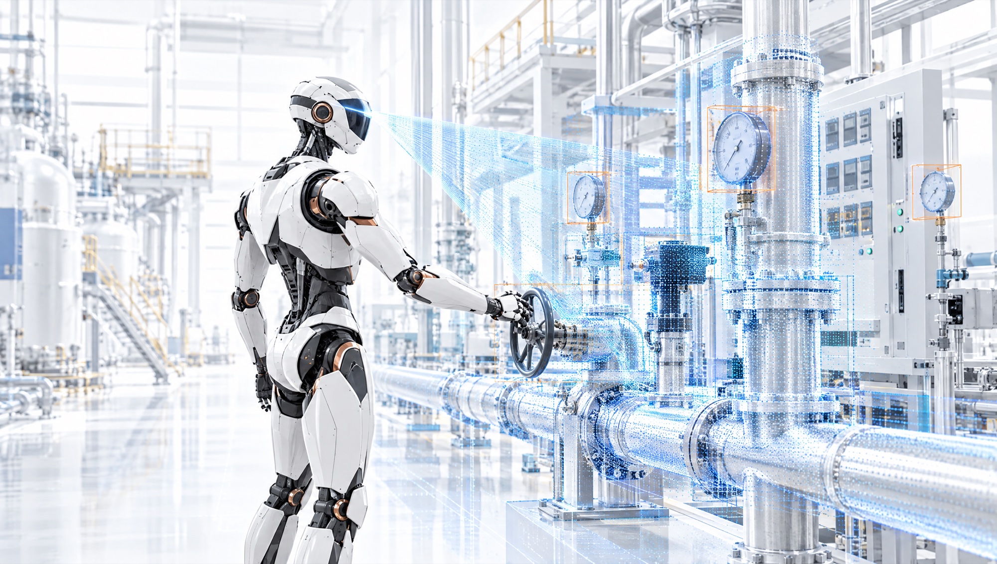 Illustration of a humanoid robot operating a valve while scanning equipment in an industrial facility