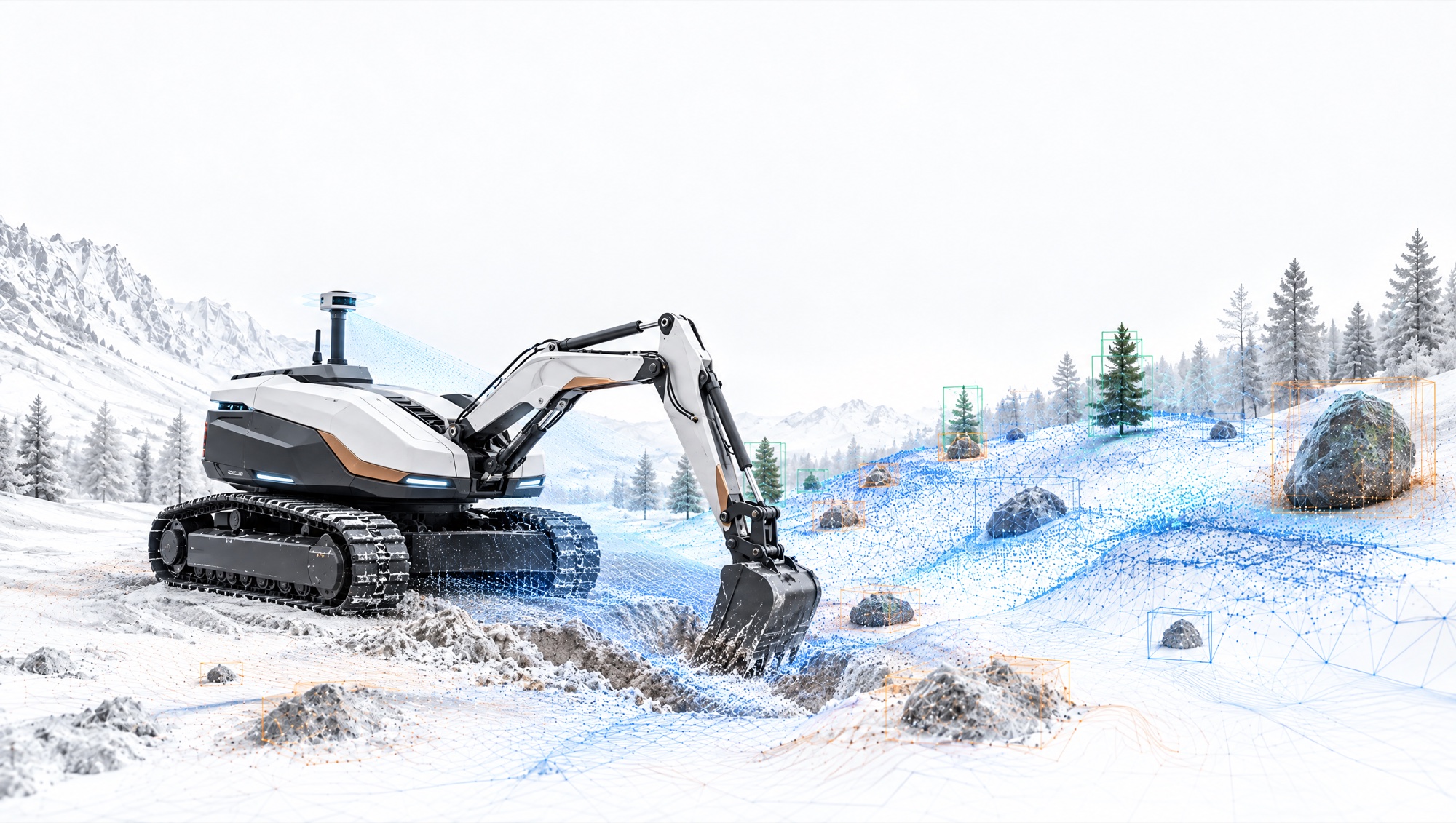 Illustration of an autonomous excavator robot digging a test trench while lidar maps snowy exploration terrain