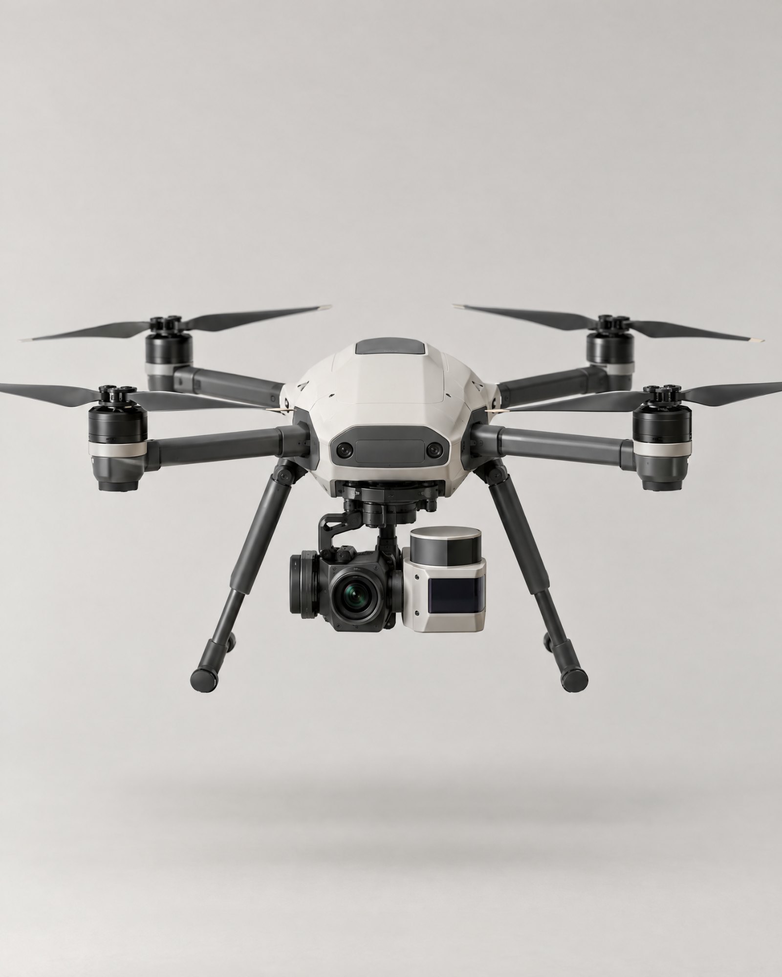 Cirrus survey quadcopter concept with gimbal camera and lidar, studio photograph