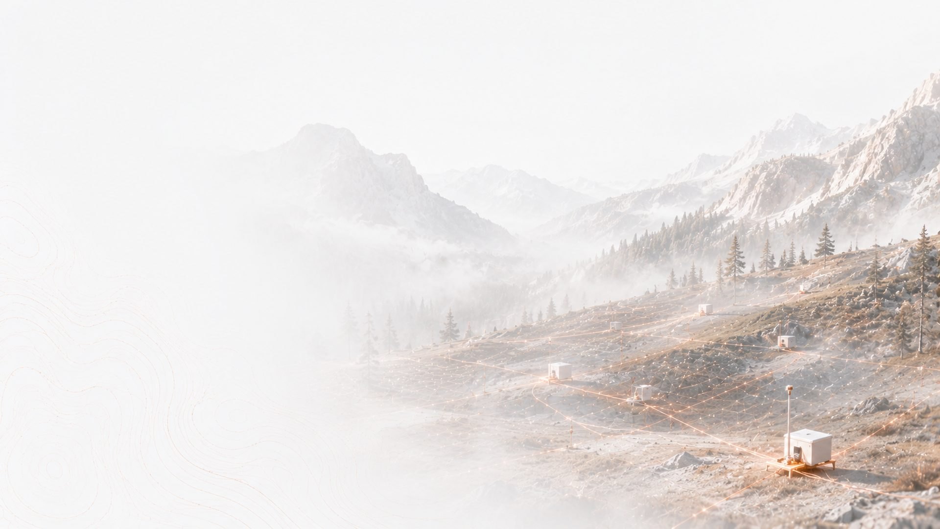 Illustration of misty mountain slopes with field sensor stations connected by copper-toned lines