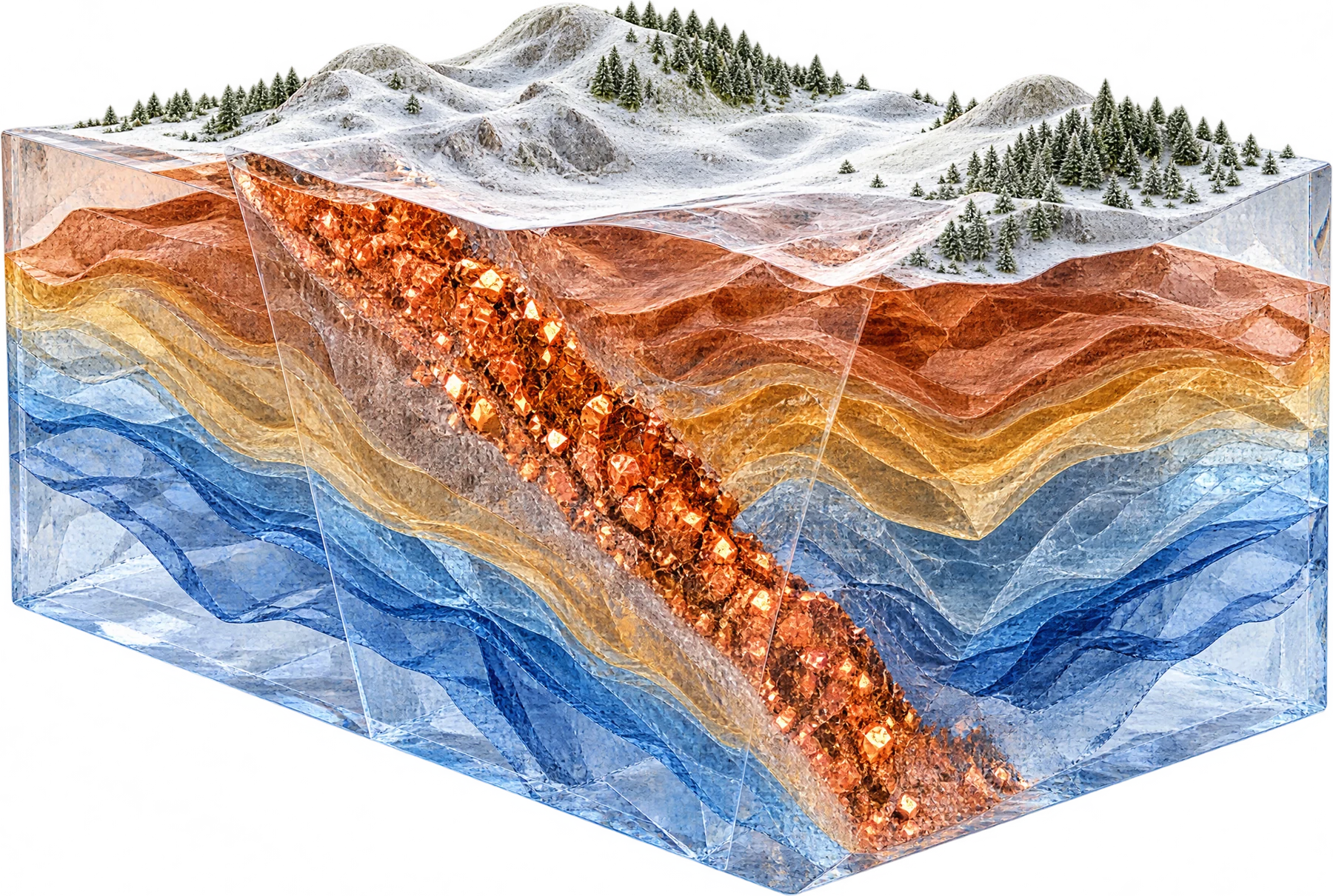 Cutaway block model of layered rock with a copper-bearing zone running through it