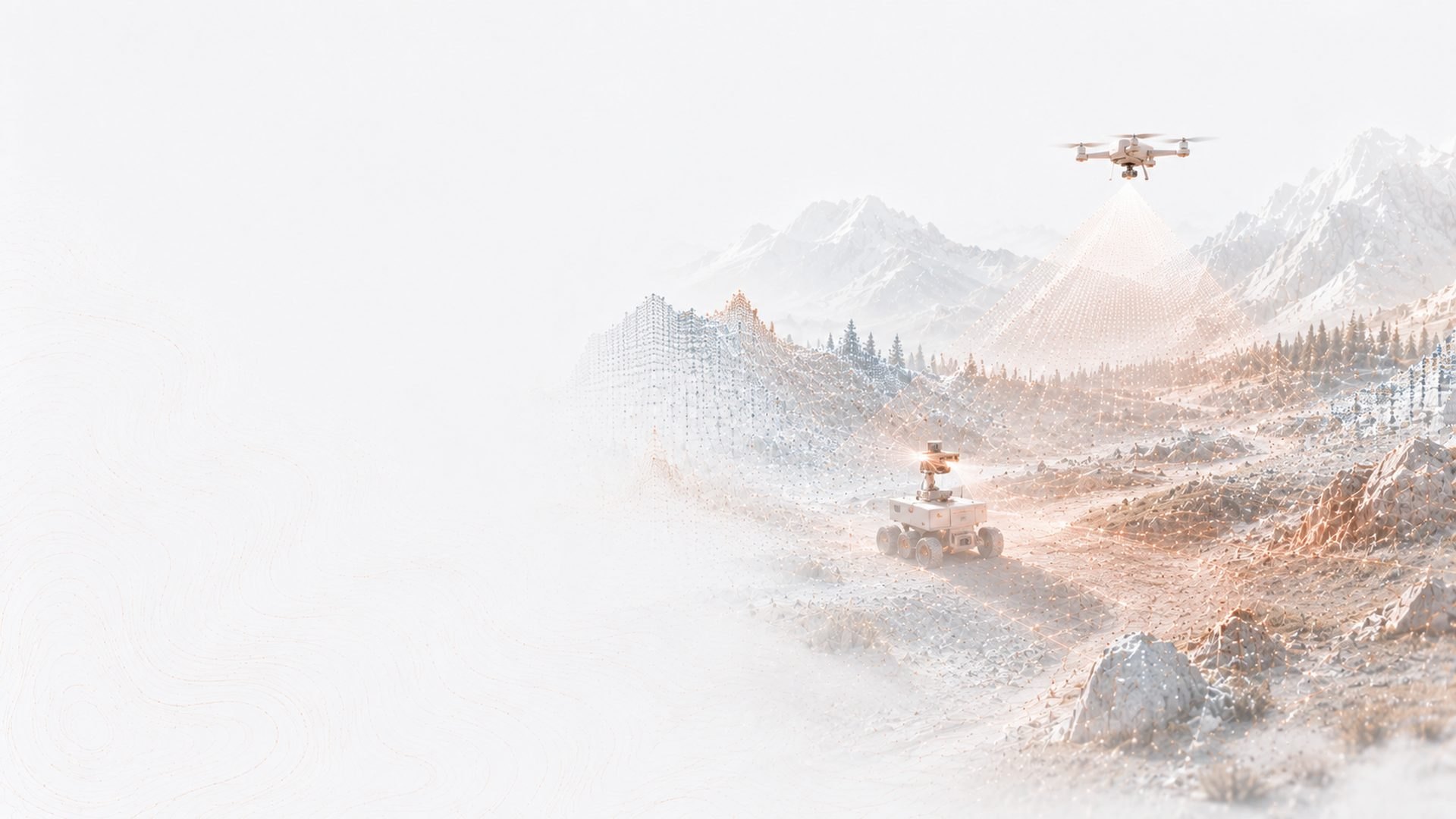 Illustration of a survey drone and a tracked ground robot working together across mountain terrain