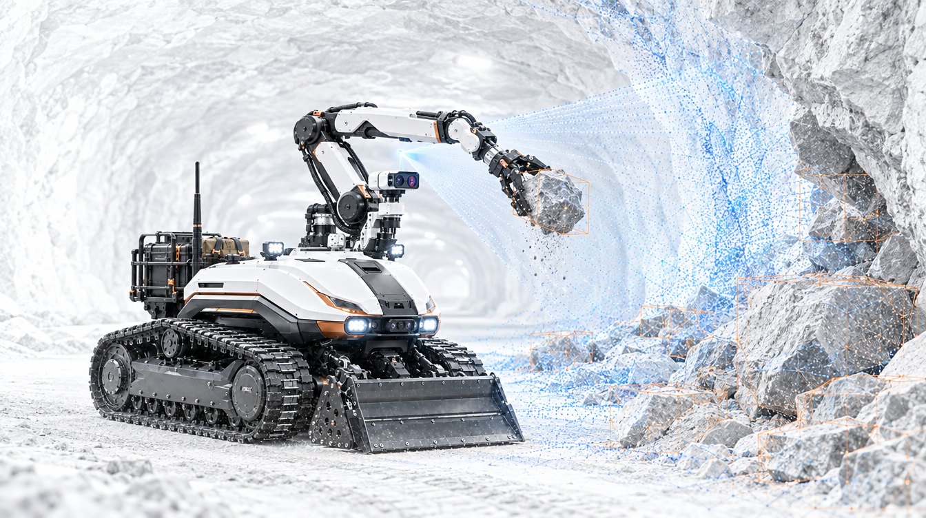 Illustration of the Bastion response robot clearing a rockfall in an underground tunnel