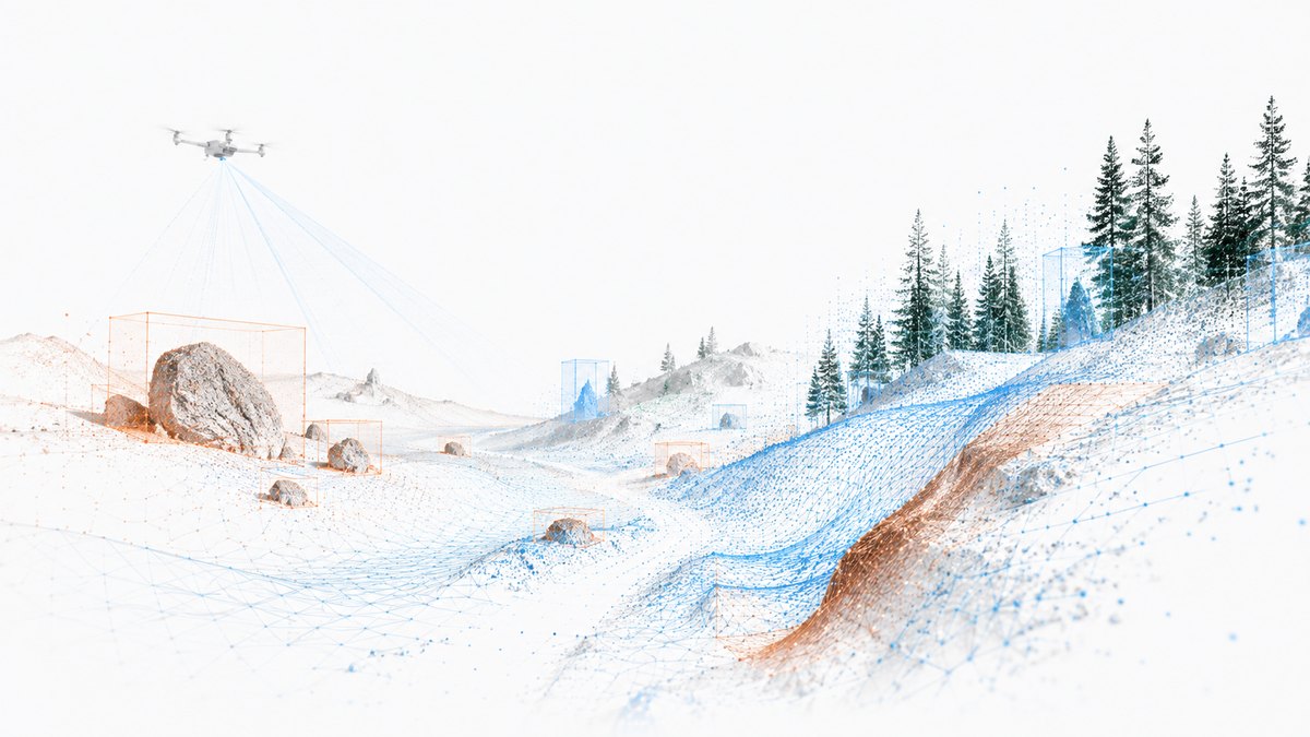 Illustration of a drone capturing a point-cloud scan of terrain and rocks