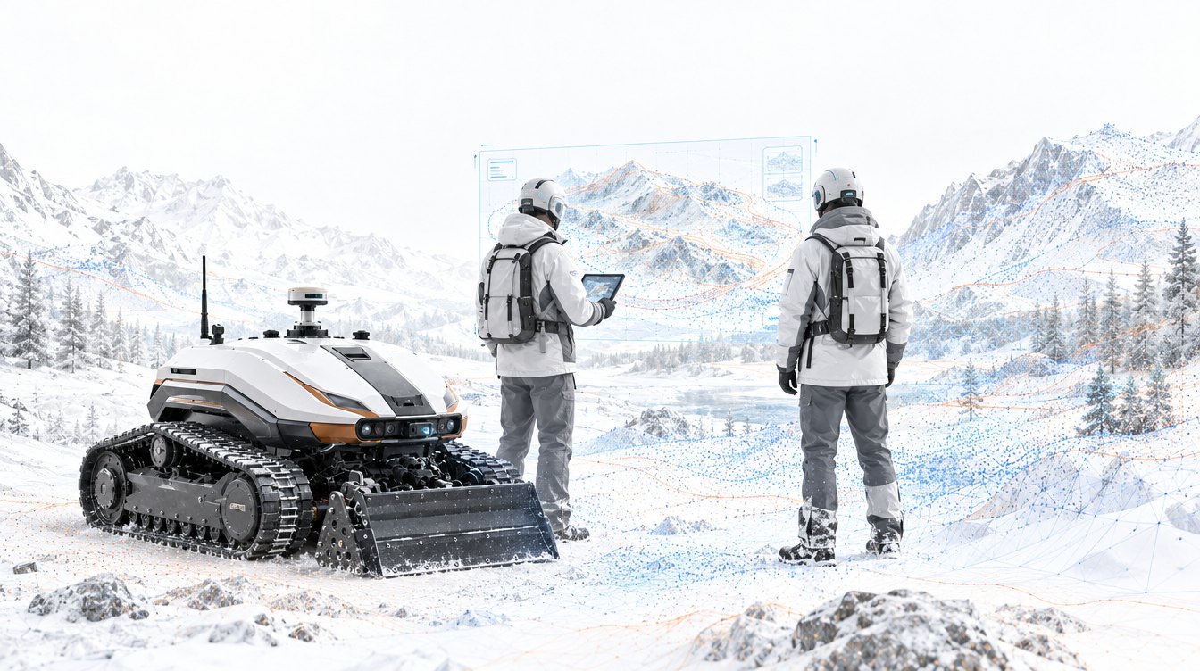 Illustration of two field engineers reviewing a 3D terrain map beside the Nox ground robot