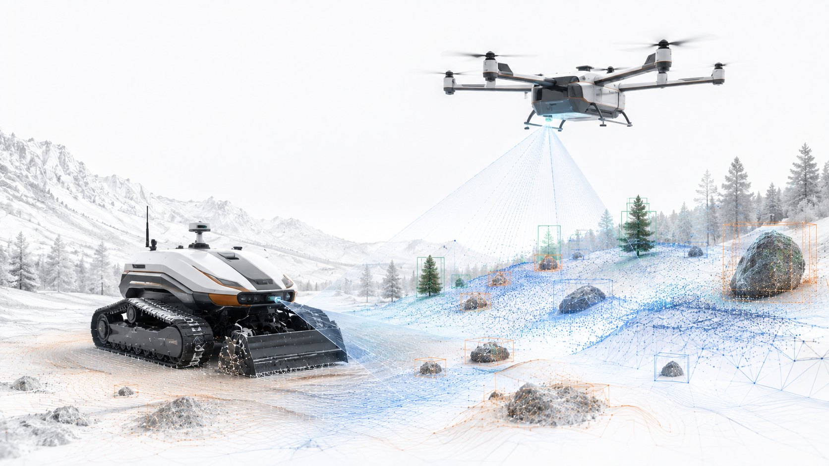 Illustration of the Nox tracked ground robot and a survey drone mapping snowy terrain with point-cloud scans