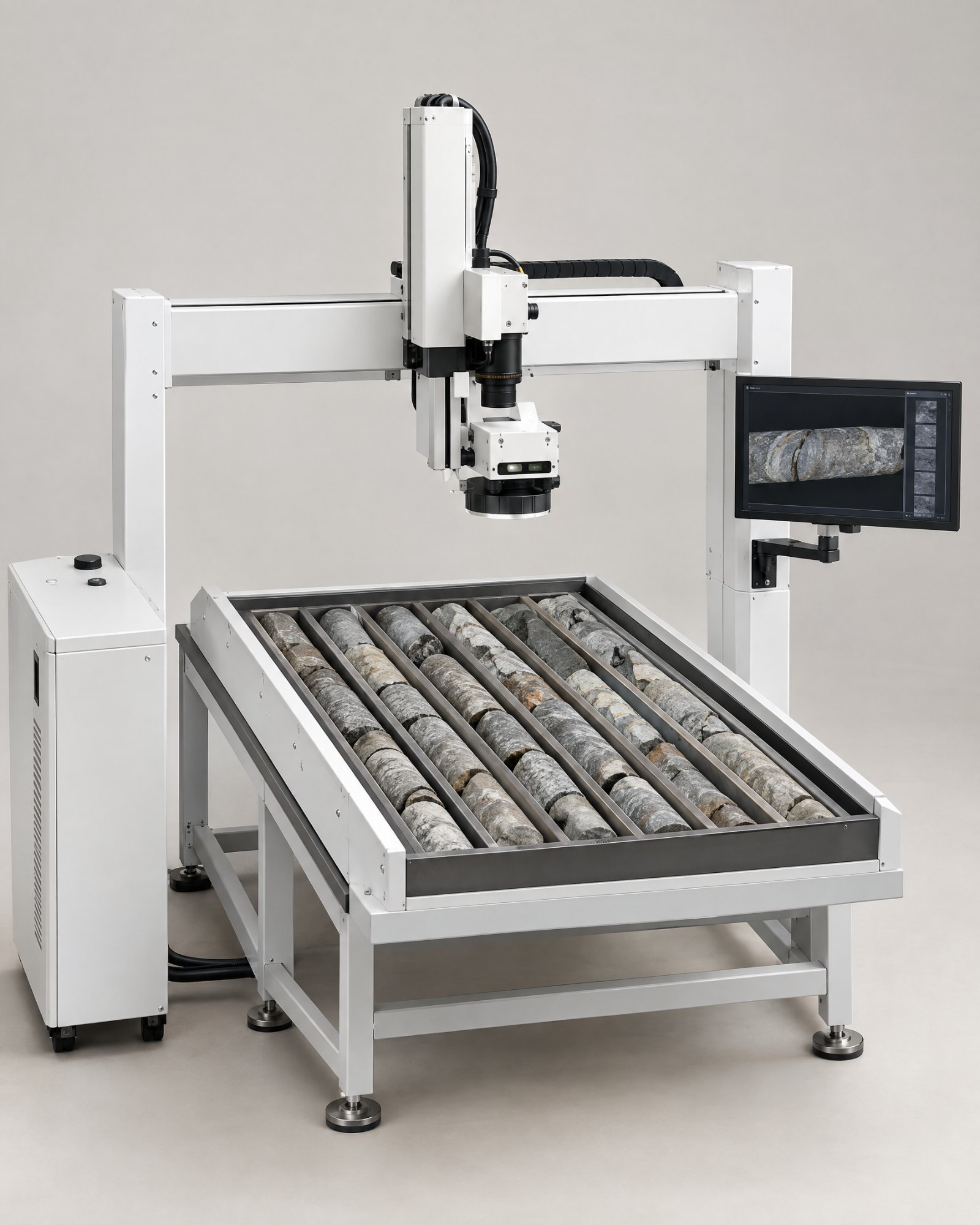 Prism drill-core scanning gantry concept above a tray of split core, studio photograph