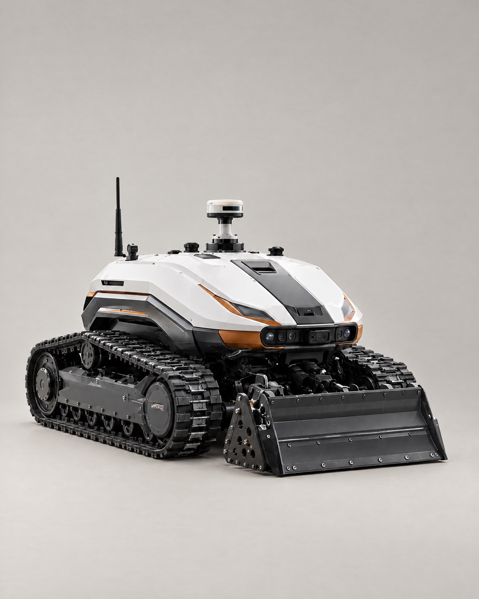 Nox tracked ground robot concept with front blade, lidar mast and camera array, studio photograph