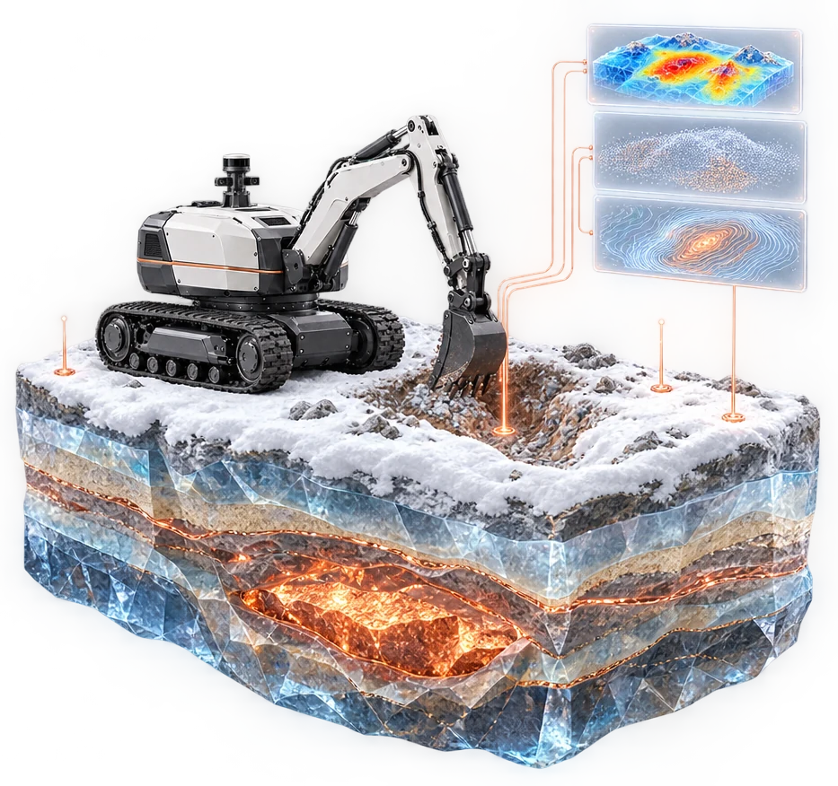 Cutaway terrain block with the Aster excavator digging a test trench and data panels rising above it